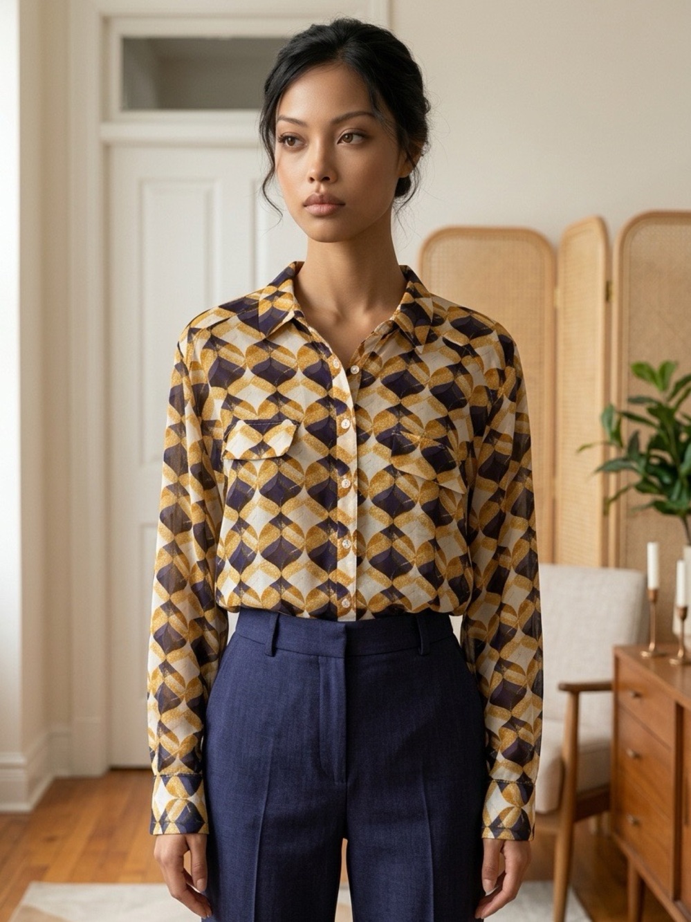 Geometric Print Button-Down Blouse in Mustard
